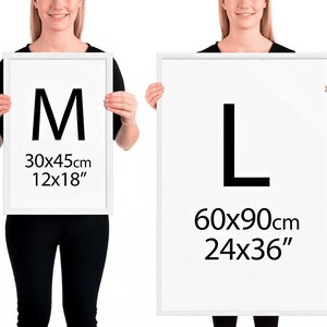 May include: Two framed white posters, sizes M and L, are held by a person. The M poster is 12x18 inches (30x45cm) with a large black letter M. The L poster is 24x36 inches (60x90cm) with a large black letter L.