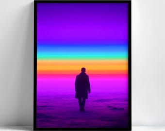Framed Neon Horizon Silhouette Print, Minimal Synthwave Poster, Retro Futuristic Decor