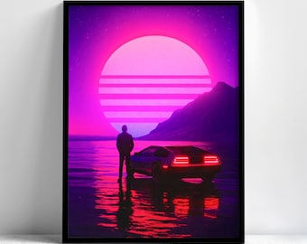 Neon Sunset Car Framed Wall Art, Synthwave Aesthetic Poster, Vaporwave Beach Decor, 80s Neon Wall Art