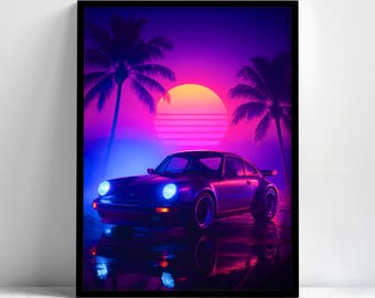 Neon Beach Car Framed Wall Art, Synthwave Sunset Poster, Vaporwave Decor, Aesthetic Wall Art