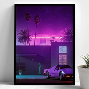 May include: A purple sports car parked in front of a house with palm trees and a neon sign under a starry night sky.