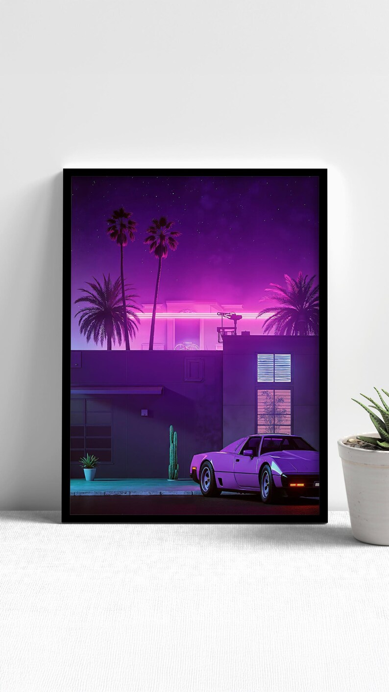 May include: A purple sports car parked in front of a house with palm trees and a neon sign under a starry night sky.