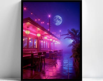 Ingelijste muurdecoratie met cyberpunk straatmotief, neon stad poster, cyberpunk decoratie, retro futuristische muurdecoratie
