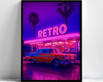Retro Diner Framed Wall Art, Synthwave Neon Car Poster, Vaporwave 80s Decor, Gaming Room Bedroom Office Print