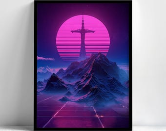 Neon Mountain Sunset Framed Print, Synthwave Retro Landscape Wall Art