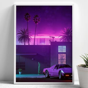 May include: A purple sports car parked in front of a house with palm trees and a neon sign under a starry night sky.
