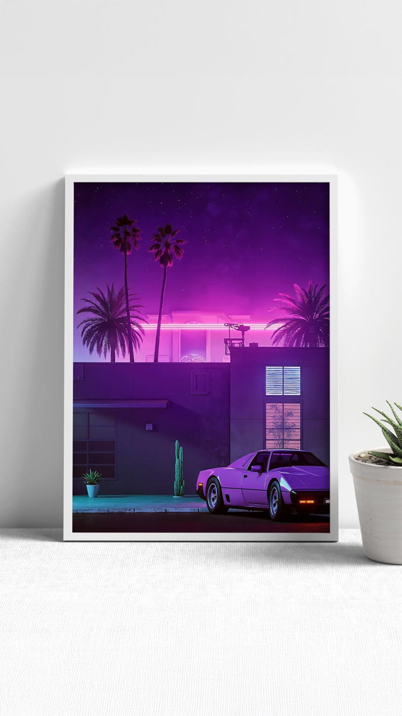 May include: A purple sports car parked in front of a house with palm trees and a neon sign under a starry night sky.