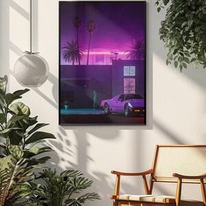 May include: A retro-style illustration of a pink car parked in front of a building with palm trees and a purple sky. The image has a vintage aesthetic.