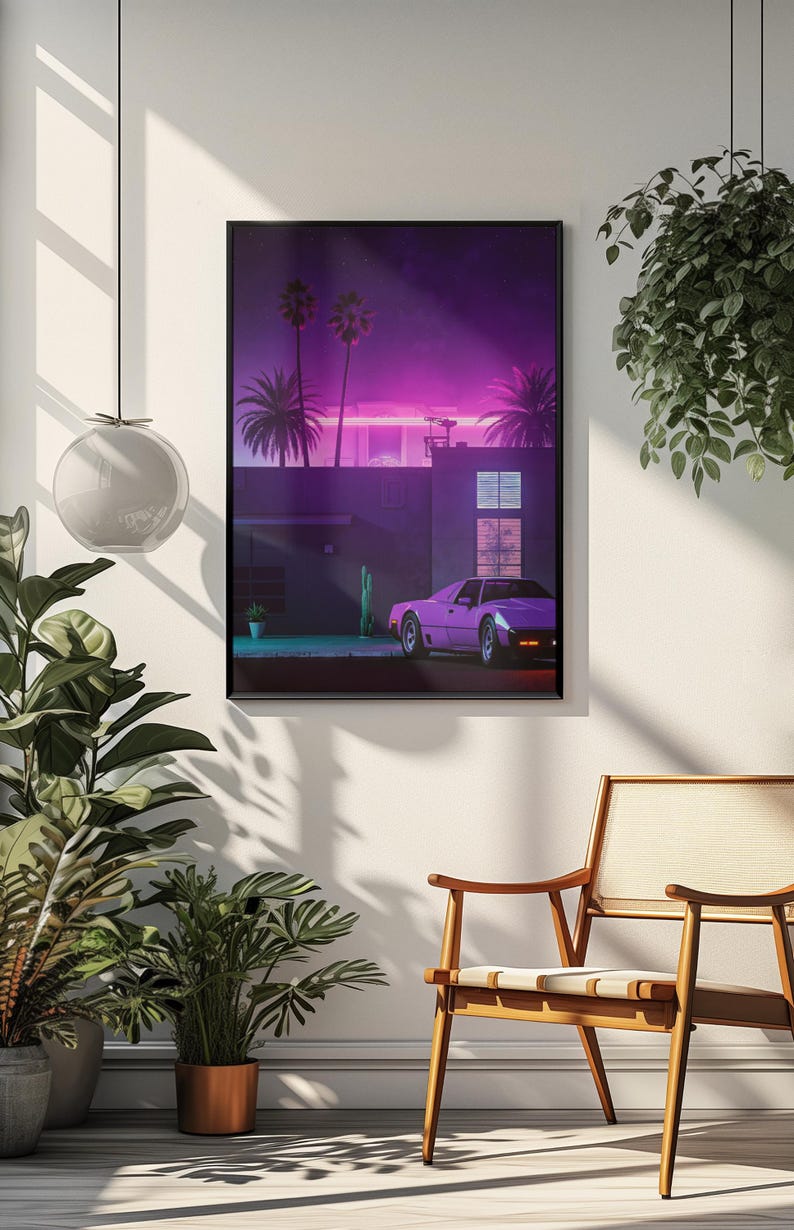 May include: A retro-style illustration of a pink car parked in front of a building with palm trees and a purple sky. The image has a vintage aesthetic.