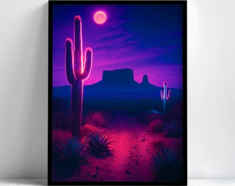 Neon Desert Cactus Framed Wall Art, Synthwave Poster, Aesthetic Wall Art, Vaporwave Decor