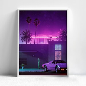 May include: A purple sports car parked in front of a building with palm trees and a neon sign. The building has a purple and blue color scheme. The sky is a dark purple with stars.