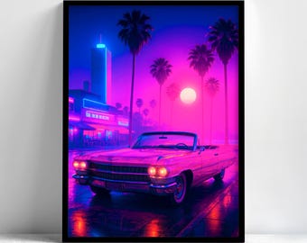 Retro Diner Framed Wall Art, Synthwave Neon Car Poster, Vaporwave 80s Decor, Gaming Room Bedroom Office Print