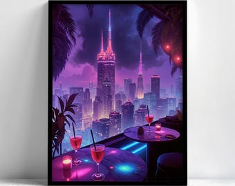 Cyberpunk Cityscape Print: Neon Sci-Fi Lounge Art, Framed Wall Decor