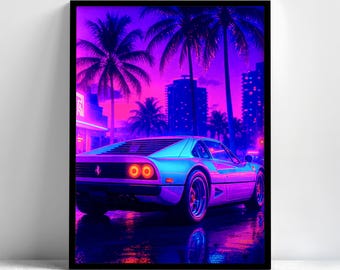Neon Palm City Car Framed Wall Art, Synthwave Night Drive Poster, Aesthetic Wall Art, Vaporwave Decor