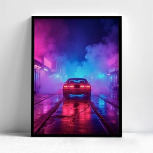 Neon Pursuit – Cyberpunk Car Chase Art, Futuristic Neon City Street Print, Sci-Fi Aesthetic Wall Decor by Artica Prints