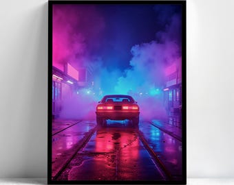 Cyberpunk Car Chase Framed Wall Art, Neon Racing Poster, Cyberpunk Decor, Aesthetic Wall Art