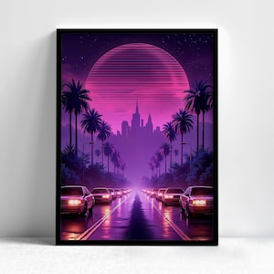 Skyline Reverie – Retrowave Cityscape Art, 80s Neon Skyline Print, Palm Trees & Sunset Poster, Original Art by Artica Prints