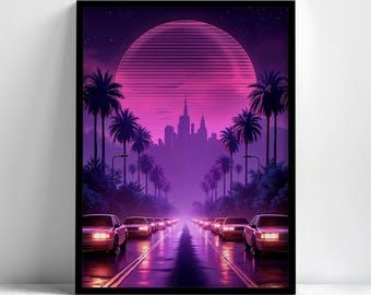Dark Retrowave Cityscape Art Print: 80s Neon Skyline, Palm Trees & Sunset (Premium Quality Print)