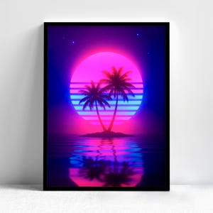 May include: Framed art print featuring a neon sunset over water with two palm trees. The artwork has a retro, vaporwave aesthetic, with a vibrant color palette of pink, blue, and purple. The image is reflected in the water below.