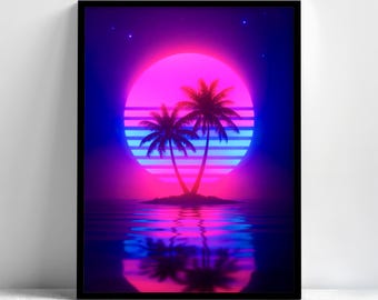 Framed Synthwave Palm Tree Wall Art, Neon Retro Sunset Poster