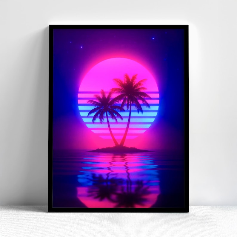 May include: Framed art print featuring a neon sunset over water with two palm trees. The artwork has a retro, vaporwave aesthetic, with a vibrant color palette of pink, blue, and purple. The image is reflected in the water below.