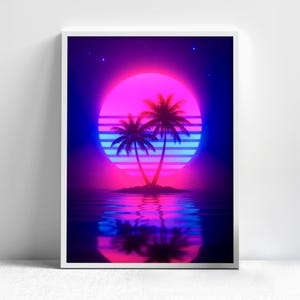 May include: A framed art print featuring a retro-style tropical scene. Two silhouetted palm trees stand on a small island, reflected in the water below. A vibrant pink and blue sun sets in the background, with a dark blue sky and stars.