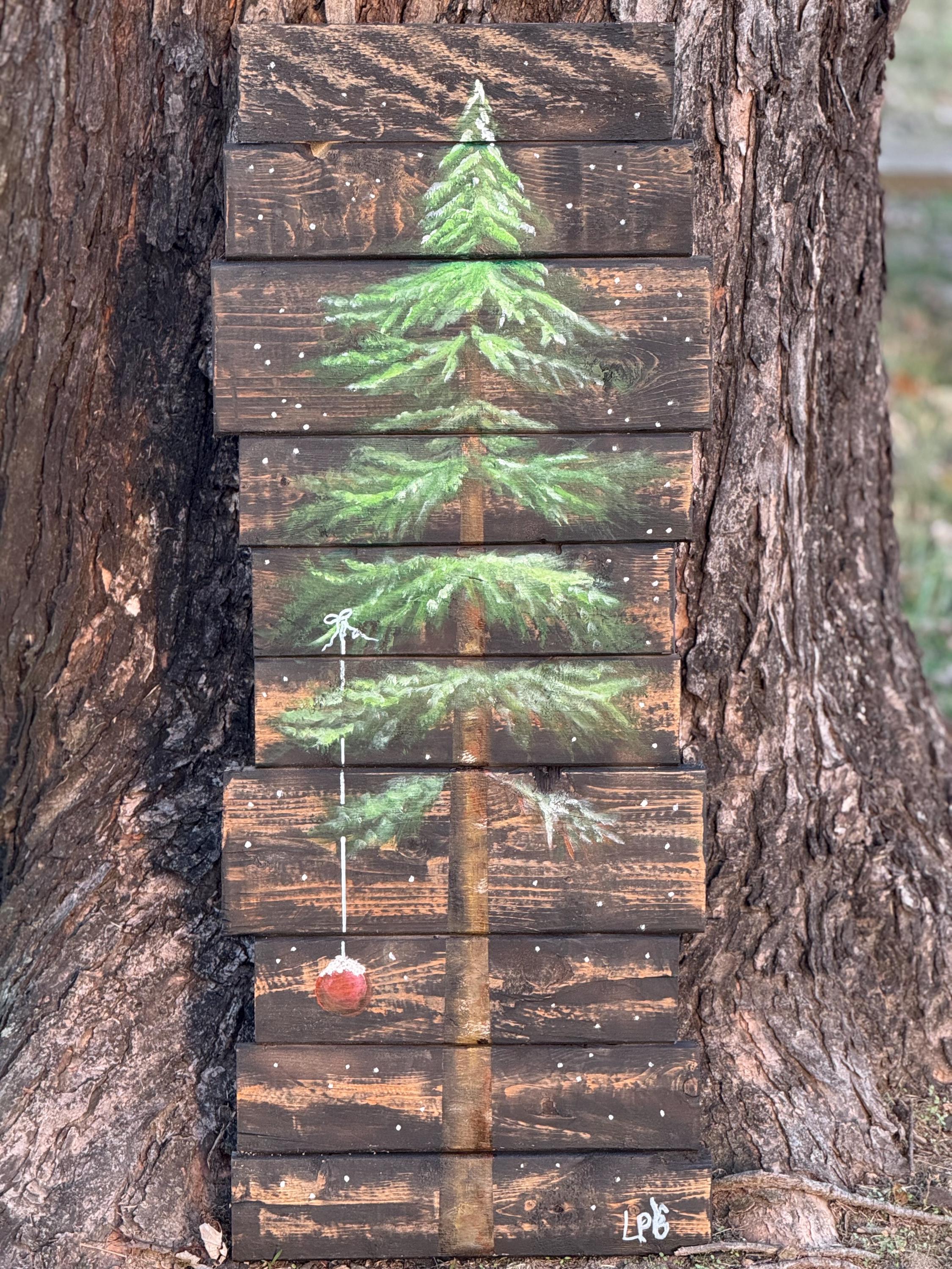 Rustic Christmas Tree Painting on Reclaimed Wood Hand-Painted Holiday Wall Art with Red Ornament Farmhouse Christmas Decor