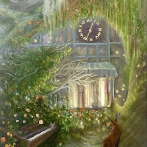 May include: An oil painting depicts a whimsical scene with a clock tower, lush greenery, and a fox. The clock shows Roman numerals. A piano sits in the foreground, and a butterfly flutters nearby. The artwork is rich in color and detail.