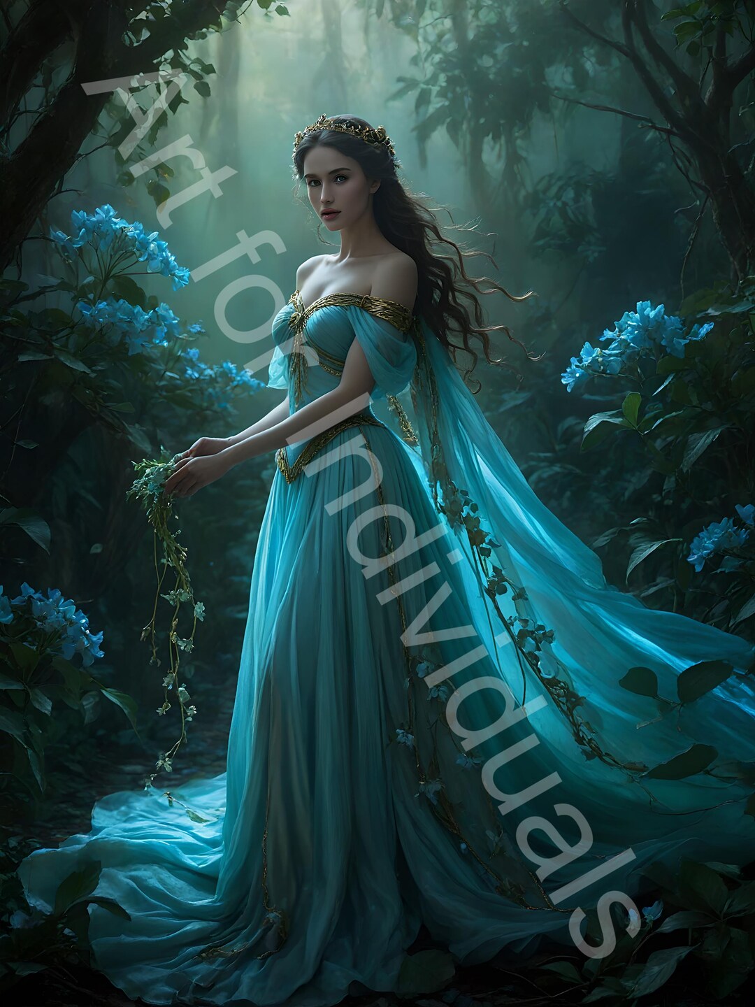 Forest Nymph In Blue Gown Art Print Fantasy Woodland Princess forest-nymph-in-blue-gown-art-print-fantasy-woodland-princess