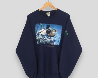 Vintage rouge tête colvert canard animal sweat XLarge colvert canard lac imprimé graphique ras du cou reflets du nord pull preppy XL