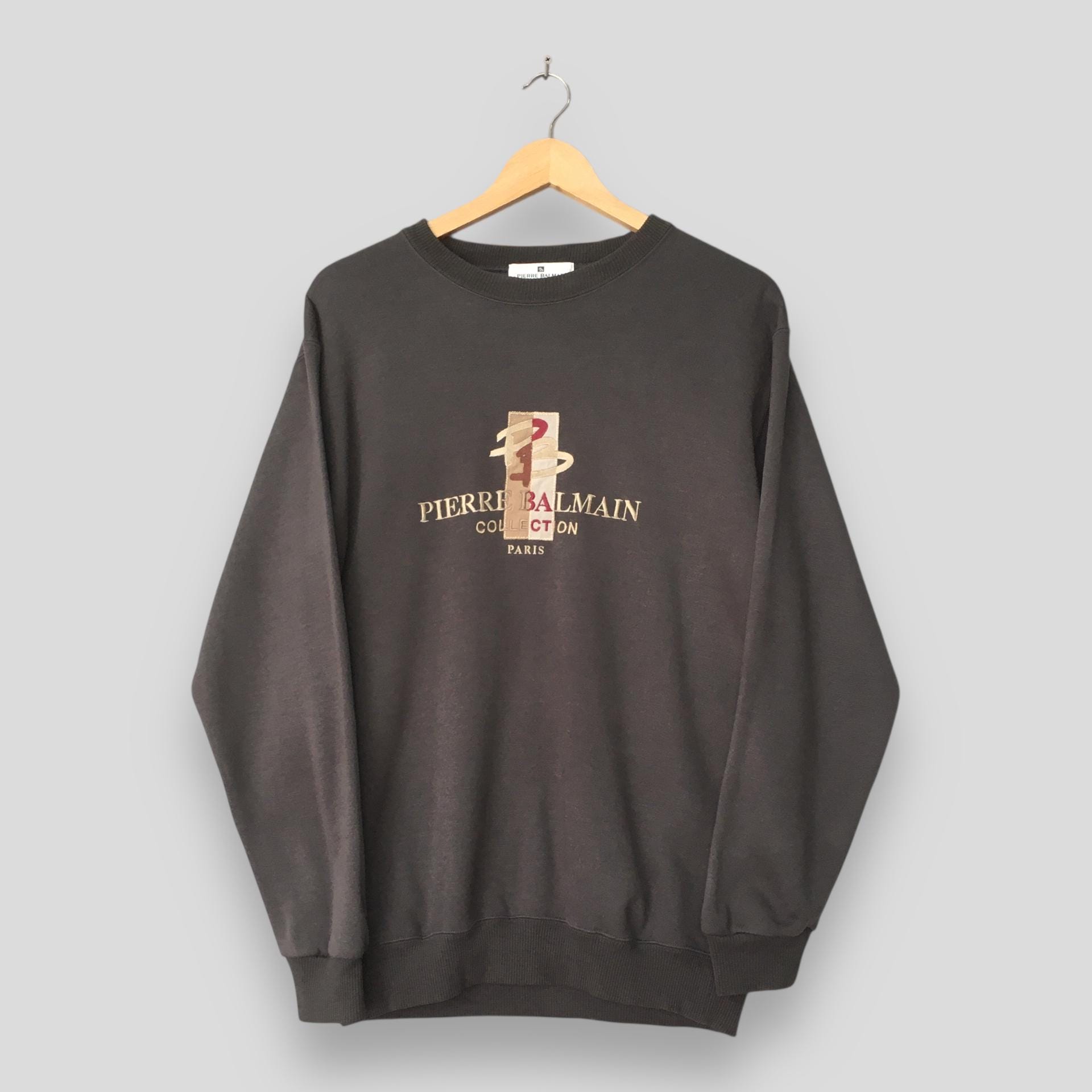 Balmain, Vintage 90s Pierre Balmain Collection Brown Sweatshirt Medium Pierre Balmain Embroidery Logo Crewneck Balmain Paris Jumper PB Sweater Size M
