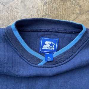May include: A navy blue long-sleeve shirt with a ribbed texture and a V-neck collar featuring light blue trim. The interior neck label displays the Starter logo and the text L and MADE IN CHINA. The fabric has a consistent dark blue tone.