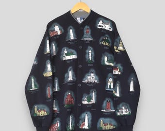 Vintage 90s Great Lakes Lighthouses Cardigan Sweatshirt Large Great Lakes Lighthouse Printed Jumper Art Unlimited Lighthouses Sweater Size L