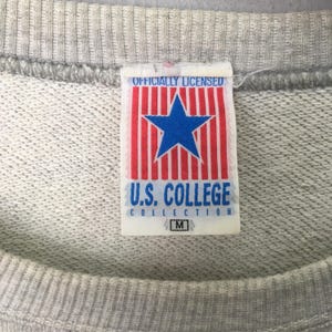 Puede incluir: Una sudadera gris claro con una etiqueta de tela blanca en el cuello. La etiqueta muestra el texto "OFFICIALLY LICENSED" sobre una estrella azul centrada en rayas verticales rojas, con "U.S. COLLEGE COLLECTION" y la talla "M" debajo.