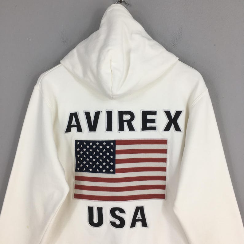 Sudadera con capucha y cremallera blanca vintage Avirex USA, talla grande, con bordado de la bandera estadounidense, suéter militar de la USAF (Fuerza Aérea de EE. UU.), talla L. imagen 9
