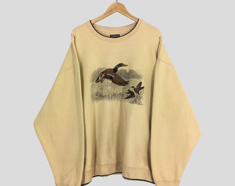 vintage Croft & Barrow Duck Animal sweat 2XLgrands canards colverts Flying Lakes broderie ras du cou Northern Reflection pull beige 2XL