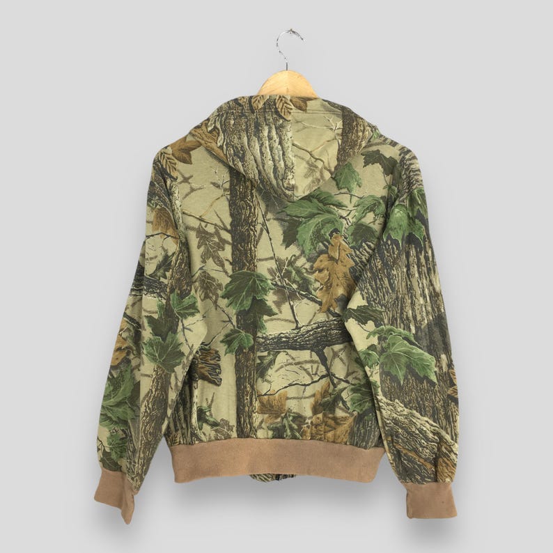 Vintage Mossy Oak Camo Hoodie Sweatshirt Medium Utomhus Kamouflage Äkta Träd Jakt Crewneck Skogskamouflage Tryckt Militär Dragkedja Tröja M bild 7