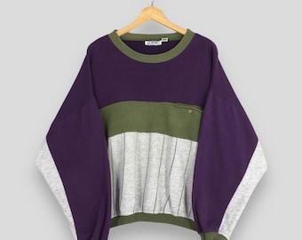 Vintage 1990s Sport Multicolor Sweatshirt XLarge Sportswear Pullover Retro Colorblock Jumper Plain Purple Olive Minimalist Baggy Sweate XL