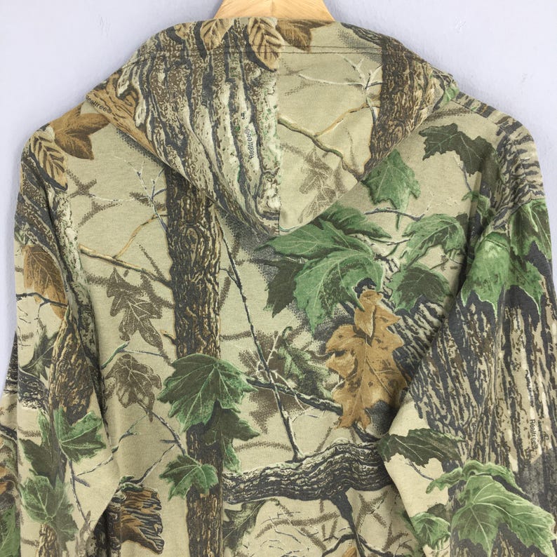 Vintage Mossy Oak Camo Hoodie Sweatshirt Medium Utomhus Kamouflage Äkta Träd Jakt Crewneck Skogskamouflage Tryckt Militär Dragkedja Tröja M bild 8
