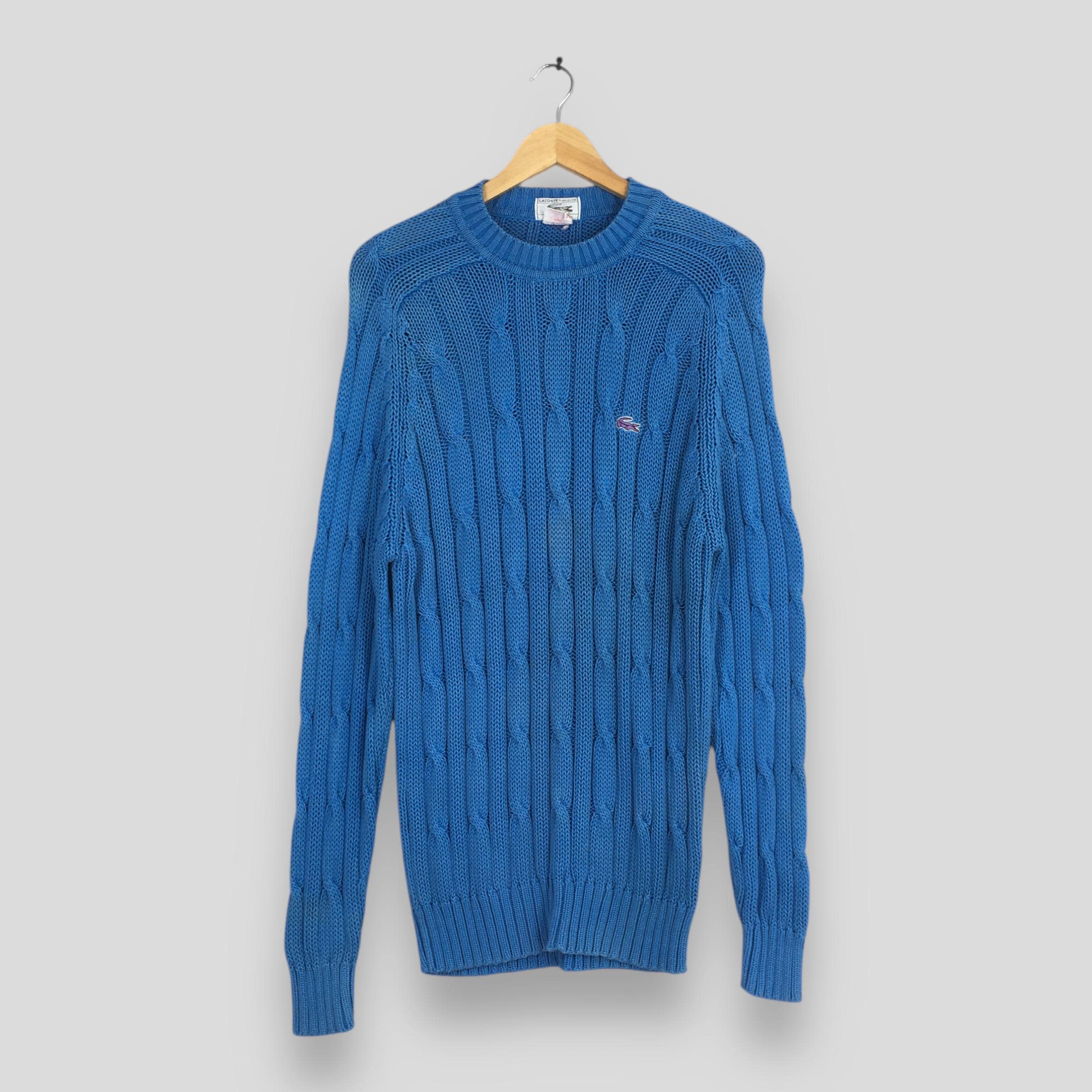 Pull Lacoste Lacoste en tricot torsadé bleu des années 90, grande broderie Lacoste, pull Lacoste Sportswear ras du cou, pull Lacoste L