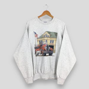 Vintage 90s Fire Department Grey Sweatshirt XLarge 1930s Firetruck Classic Graphics Crewneck Firefighters Jumper Fire Department Sweater XL