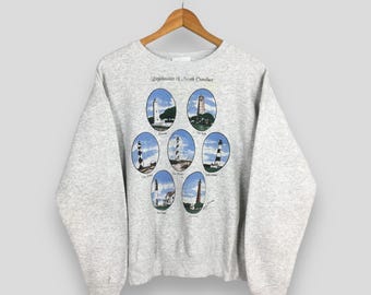 Sudadera vintage de los años 90 con faros de Carolina del Norte, cuello redondo, estampado de 7 faros costeros, jersey de Carolina del Norte, talla grande, Oak Island