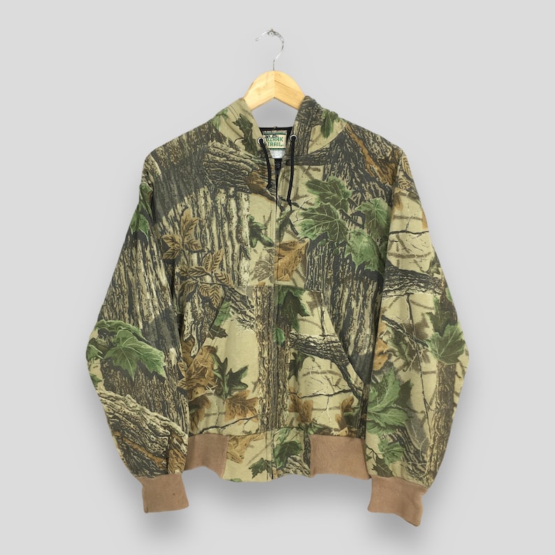 Vintage Mossy Oak Camo Hoodie Sweatshirt Medium Utomhus Kamouflage Äkta Träd Jakt Crewneck Skogskamouflage Tryckt Militär Dragkedja Tröja M bild 1