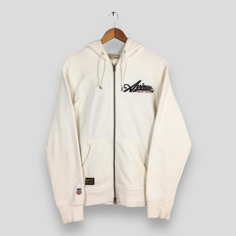 Sudadera con capucha y cremallera blanca vintage Avirex USA, talla grande, con bordado de la bandera estadounidense, suéter militar de la USAF (Fuerza Aérea de EE. UU.), talla L. imagen 1