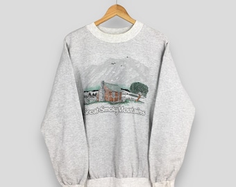 Vintage 90s National Park Great Smoky Mountains Sweatshirt XLarge Mountains Cabin Graphic Printed Crewneck Camping TN Hiking Cozy Jumper XL