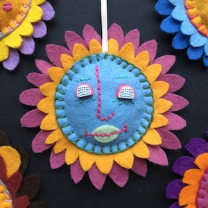 Blue-faced Felt Flower - hand-embroidered hanging flower decoration, handsewn floral friend, kids bedroom nursery christmas tree home decor