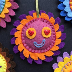 Rosy Heart-eyed Felt Flower - hand-embroidered hanging flower decoration, handsewn floral friend, kids bedroom nursery christmas home decor