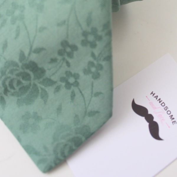 Moss Sage Green Tone on Tone Floral Cotton Neck Tie