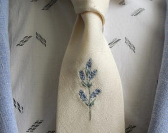 Lavender Embroidery Neck Tie | Ivory Satin Champagne | Wedding Attire | Groom Style