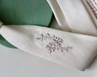 Ivory Soft Linen Necktie with Floral Tonal Embroidery